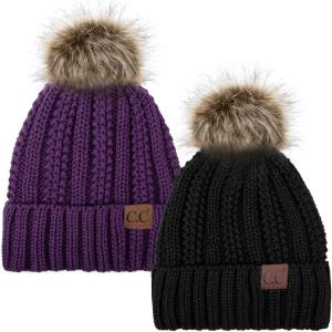 imageCC YJ820 Thick Cable Knit Hat Faux Fur Pom Fleece Lined Cap Cuff Beanie 2 PackBlackPurple