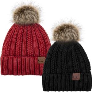imageCC YJ820 Thick Cable Knit Hat Faux Fur Pom Fleece Lined Cap Cuff Beanie 2 PackBlackRed