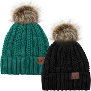 imageCC YJ820 Thick Cable Knit Hat Faux Fur Pom Fleece Lined Cap Cuff Beanie 2 PackBlackSea Green