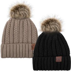 imageCC YJ820 Thick Cable Knit Hat Faux Fur Pom Fleece Lined Cap Cuff Beanie 2 PackBlackTaupe