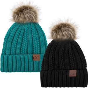 imageCC YJ820 Thick Cable Knit Hat Faux Fur Pom Fleece Lined Cap Cuff Beanie 2 PackBlackTeal