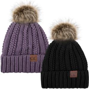 imageCC YJ820 Thick Cable Knit Hat Faux Fur Pom Fleece Lined Cap Cuff Beanie 2 PackBlackViolet