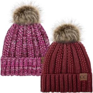 imageCC YJ820 Thick Cable Knit Hat Faux Fur Pom Fleece Lined Cap Cuff Beanie 2 PackBurgundy1 Hot Pink Mix
