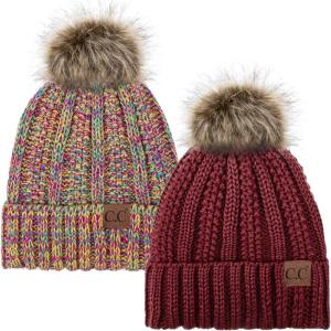 imageCC YJ820 Thick Cable Knit Hat Faux Fur Pom Fleece Lined Cap Cuff Beanie 2 PackBurgundy11 Rainbow Mix