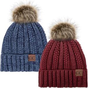 imageCC YJ820 Thick Cable Knit Hat Faux Fur Pom Fleece Lined Cap Cuff Beanie 2 PackBurgundy19 Denim Mix