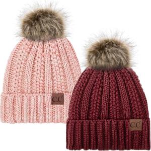 imageCC YJ820 Thick Cable Knit Hat Faux Fur Pom Fleece Lined Cap Cuff Beanie 2 PackBurgundy2 Rose Mix