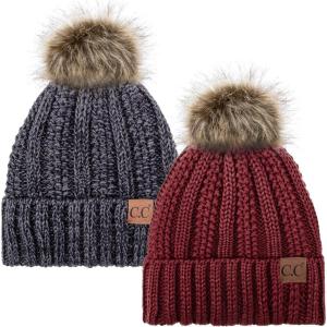 imageCC YJ820 Thick Cable Knit Hat Faux Fur Pom Fleece Lined Cap Cuff Beanie 2 PackBurgundy23 Black Grey Mix