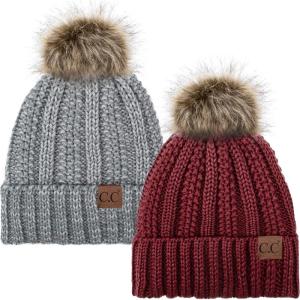 imageCC YJ820 Thick Cable Knit Hat Faux Fur Pom Fleece Lined Cap Cuff Beanie 2 PackBurgundy28 Lt Grey Mix