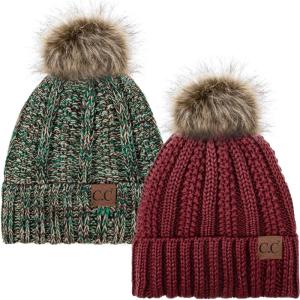 imageCC YJ820 Thick Cable Knit Hat Faux Fur Pom Fleece Lined Cap Cuff Beanie 2 PackBurgundy3 Teal Mix