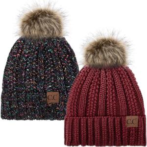 imageCC YJ820 Thick Cable Knit Hat Faux Fur Pom Fleece Lined Cap Cuff Beanie 2 PackBurgundy32 Black Mix