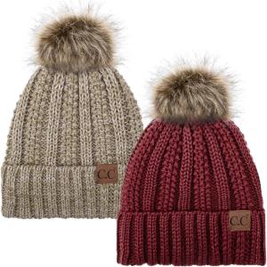imageCC YJ820 Thick Cable Knit Hat Faux Fur Pom Fleece Lined Cap Cuff Beanie 2 PackBurgundy8 Taupe Mix