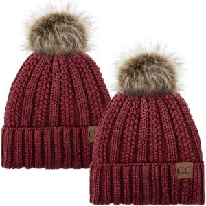 imageCC YJ820 Thick Cable Knit Hat Faux Fur Pom Fleece Lined Cap Cuff Beanie 2 PackBurgundyBurgundy
