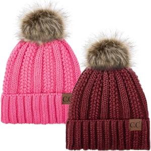 imageCC YJ820 Thick Cable Knit Hat Faux Fur Pom Fleece Lined Cap Cuff Beanie 2 PackBurgundyCandy Pink