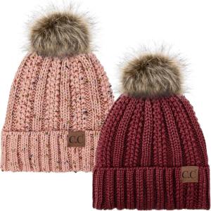 imageCC YJ820 Thick Cable Knit Hat Faux Fur Pom Fleece Lined Cap Cuff Beanie 2 PackBurgundyConfetti Indi Pink
