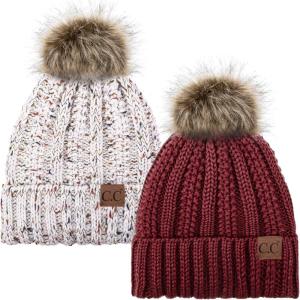 imageCC YJ820 Thick Cable Knit Hat Faux Fur Pom Fleece Lined Cap Cuff Beanie 2 PackBurgundyConfetti Ivory
