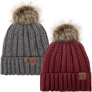 imageCC YJ820 Thick Cable Knit Hat Faux Fur Pom Fleece Lined Cap Cuff Beanie 2 PackBurgundyConfetti Natural Grey