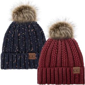 imageCC YJ820 Thick Cable Knit Hat Faux Fur Pom Fleece Lined Cap Cuff Beanie 2 PackBurgundyConfetti Navy