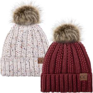 imageCC YJ820 Thick Cable Knit Hat Faux Fur Pom Fleece Lined Cap Cuff Beanie 2 PackBurgundyConfetti Oatmeal