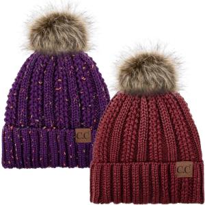 imageCC YJ820 Thick Cable Knit Hat Faux Fur Pom Fleece Lined Cap Cuff Beanie 2 PackBurgundyConfetti Purple