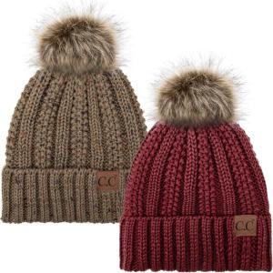 imageCC YJ820 Thick Cable Knit Hat Faux Fur Pom Fleece Lined Cap Cuff Beanie 2 PackBurgundyConfetti Taupe