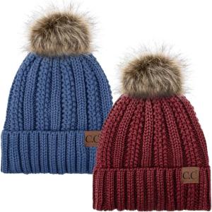 imageCC YJ820 Thick Cable Knit Hat Faux Fur Pom Fleece Lined Cap Cuff Beanie 2 PackBurgundyDk Denim