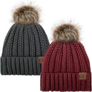imageCC YJ820 Thick Cable Knit Hat Faux Fur Pom Fleece Lined Cap Cuff Beanie 2 PackBurgundyDk Melange