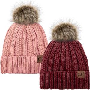 imageCC YJ820 Thick Cable Knit Hat Faux Fur Pom Fleece Lined Cap Cuff Beanie 2 PackBurgundyIndi Pink