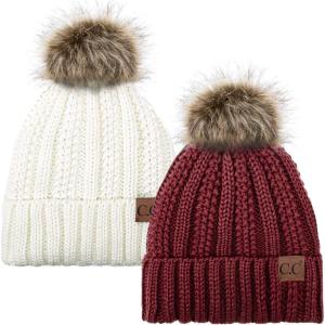 imageCC YJ820 Thick Cable Knit Hat Faux Fur Pom Fleece Lined Cap Cuff Beanie 2 PackBurgundyIvory