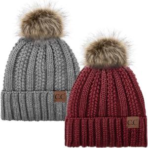 imageCC YJ820 Thick Cable Knit Hat Faux Fur Pom Fleece Lined Cap Cuff Beanie 2 PackBurgundyLt Melange