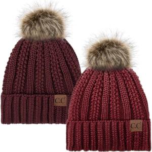 imageCC YJ820 Thick Cable Knit Hat Faux Fur Pom Fleece Lined Cap Cuff Beanie 2 PackBurgundyMaroon