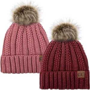 imageCC YJ820 Thick Cable Knit Hat Faux Fur Pom Fleece Lined Cap Cuff Beanie 2 PackBurgundyMauve