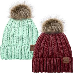 imageCC YJ820 Thick Cable Knit Hat Faux Fur Pom Fleece Lined Cap Cuff Beanie 2 PackBurgundyMint