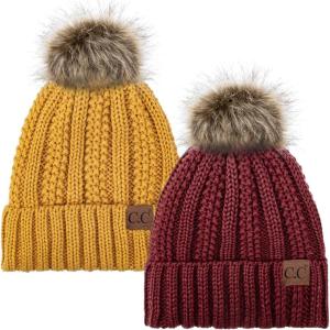 imageCC YJ820 Thick Cable Knit Hat Faux Fur Pom Fleece Lined Cap Cuff Beanie 2 PackBurgundyMustard