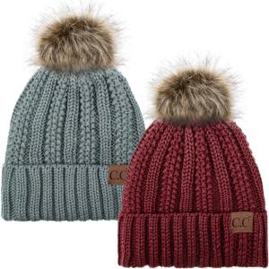 imageCC YJ820 Thick Cable Knit Hat Faux Fur Pom Fleece Lined Cap Cuff Beanie 2 PackBurgundyNatural Grey