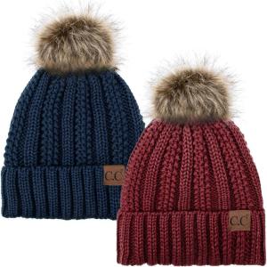 imageCC YJ820 Thick Cable Knit Hat Faux Fur Pom Fleece Lined Cap Cuff Beanie 2 PackBurgundyNavy