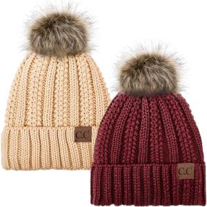 imageCC YJ820 Thick Cable Knit Hat Faux Fur Pom Fleece Lined Cap Cuff Beanie 2 PackBurgundyNew Beige