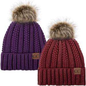 imageCC YJ820 Thick Cable Knit Hat Faux Fur Pom Fleece Lined Cap Cuff Beanie 2 PackBurgundyPurple