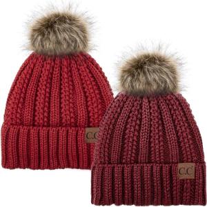 imageCC YJ820 Thick Cable Knit Hat Faux Fur Pom Fleece Lined Cap Cuff Beanie 2 PackBurgundyRed