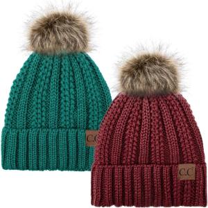 imageCC YJ820 Thick Cable Knit Hat Faux Fur Pom Fleece Lined Cap Cuff Beanie 2 PackBurgundySea Green