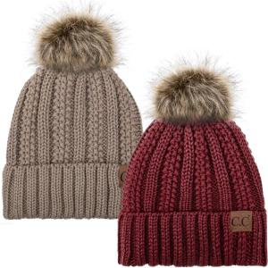 imageCC YJ820 Thick Cable Knit Hat Faux Fur Pom Fleece Lined Cap Cuff Beanie 2 PackBurgundyTaupe