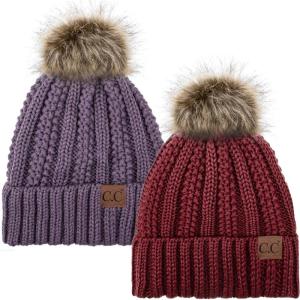 imageCC YJ820 Thick Cable Knit Hat Faux Fur Pom Fleece Lined Cap Cuff Beanie 2 PackBurgundyViolet