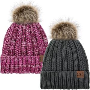 imageCC YJ820 Thick Cable Knit Hat Faux Fur Pom Fleece Lined Cap Cuff Beanie 2 PackDk Melange1 Hot Pink Mix