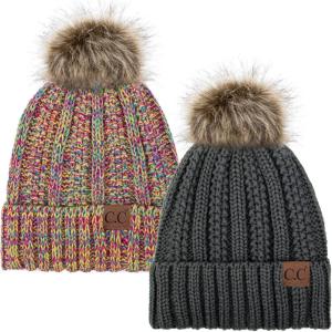 imageCC YJ820 Thick Cable Knit Hat Faux Fur Pom Fleece Lined Cap Cuff Beanie 2 PackDk Melange11 Rainbow Mix