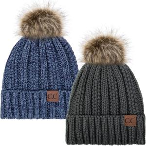 imageCC YJ820 Thick Cable Knit Hat Faux Fur Pom Fleece Lined Cap Cuff Beanie 2 PackDk Melange19 Denim Mix