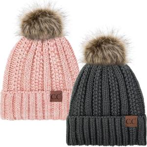 imageCC YJ820 Thick Cable Knit Hat Faux Fur Pom Fleece Lined Cap Cuff Beanie 2 PackDk Melange2 Rose Mix