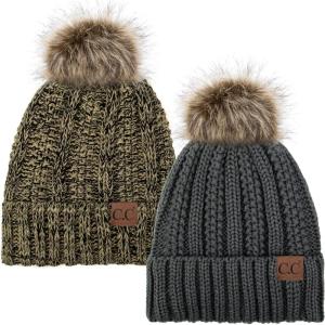 imageCC YJ820 Thick Cable Knit Hat Faux Fur Pom Fleece Lined Cap Cuff Beanie 2 PackDk Melange22 Black Beige Mix
