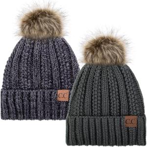 imageCC YJ820 Thick Cable Knit Hat Faux Fur Pom Fleece Lined Cap Cuff Beanie 2 PackDk Melange23 Black Grey Mix