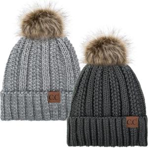 imageCC YJ820 Thick Cable Knit Hat Faux Fur Pom Fleece Lined Cap Cuff Beanie 2 PackDk Melange28 Lt Grey Mix