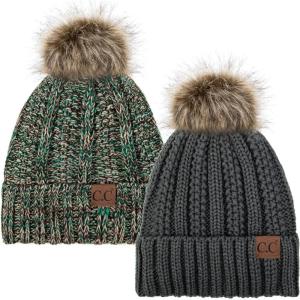 imageCC YJ820 Thick Cable Knit Hat Faux Fur Pom Fleece Lined Cap Cuff Beanie 2 PackDk Melange3 Teal Mix