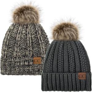 imageCC YJ820 Thick Cable Knit Hat Faux Fur Pom Fleece Lined Cap Cuff Beanie 2 PackDk Melange31 Grey Beige Mix